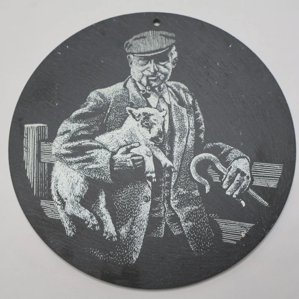Vintage Etched Slate Round Wall Plaque Shepherd with Lamb & Pipe‎ 6 In